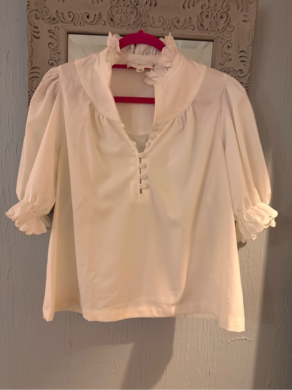 Pomander Place Cream Ruffle-Neck Puff Sleeve Blouse